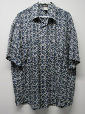 Vintage IMPACT Mens 100% Silk Shirt sz L Blue Abstract Batik Print 80's 90's